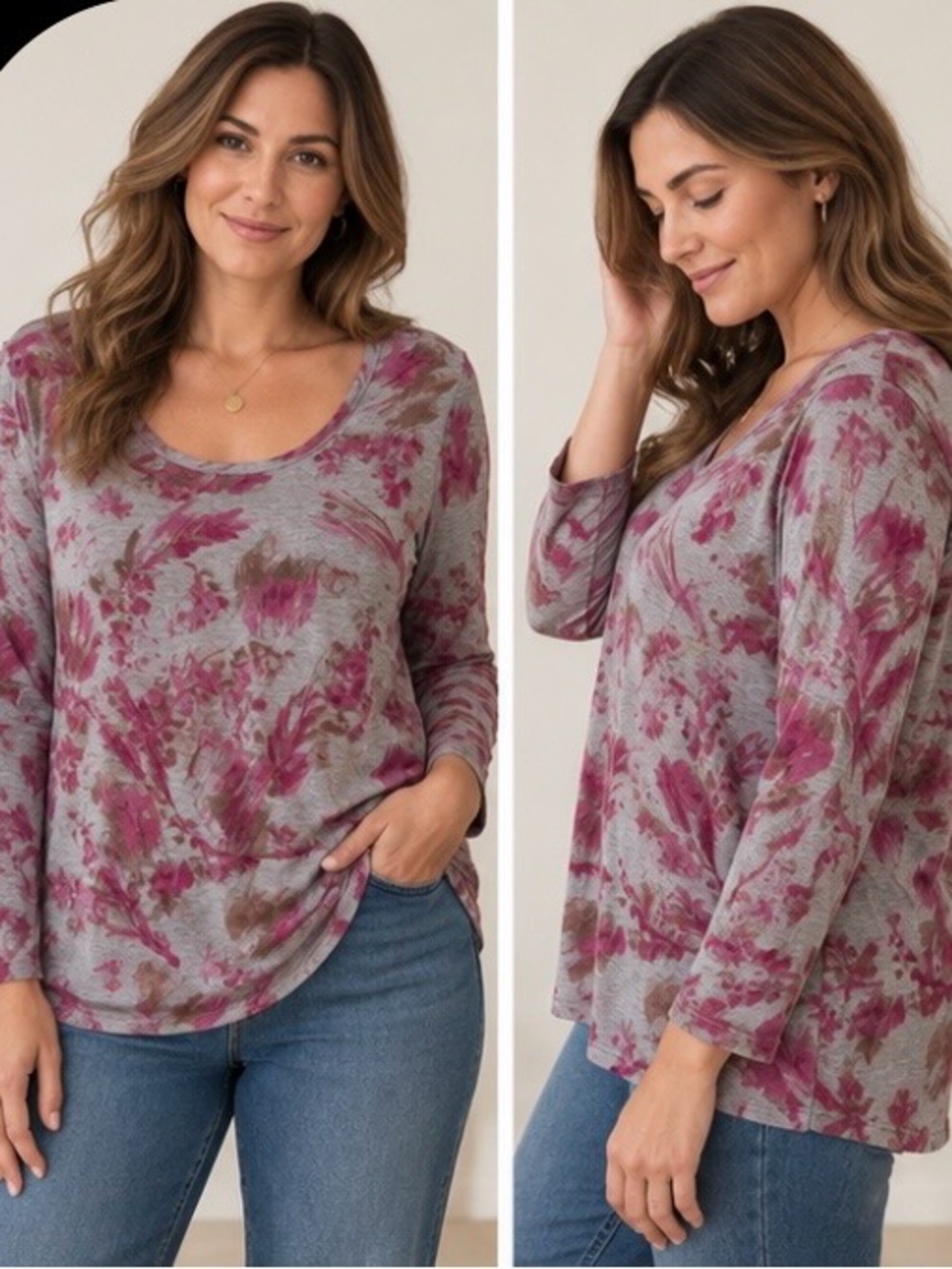 Talbots Woman 1X Plus Size Gray Pink Floral Long Sleeve Scoop Neck Top Rayon